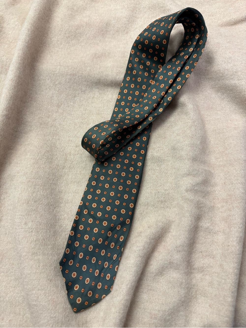 Classic Green Tie with Orange Dot Medallion Pattern